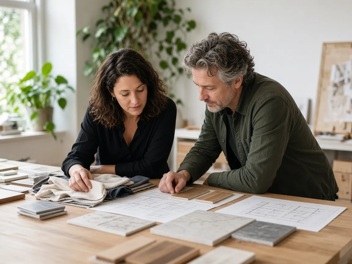 Two Atelier Nord designers reviewing material samples and floor plans